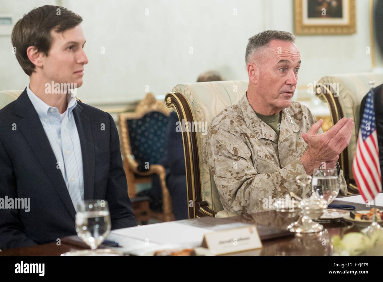 Erbil, Iraq. 04th Apr, 2017. U.S. Joint Chiefs Chairman Gen. Joseph Dunford, right, and Jared Kushner, Senior Advisor and son-in-law to President Trump meet with the President of Iraqi Kurdistan Masoud Barzan April 4, 2017 near Erbil, Iraq. Dunford, and Kushner are on a fact finding mission to Iraq to view the progress to recapture Mosul from the Islamic State. Credit: Planetpix/Alamy Live News Stock Photo