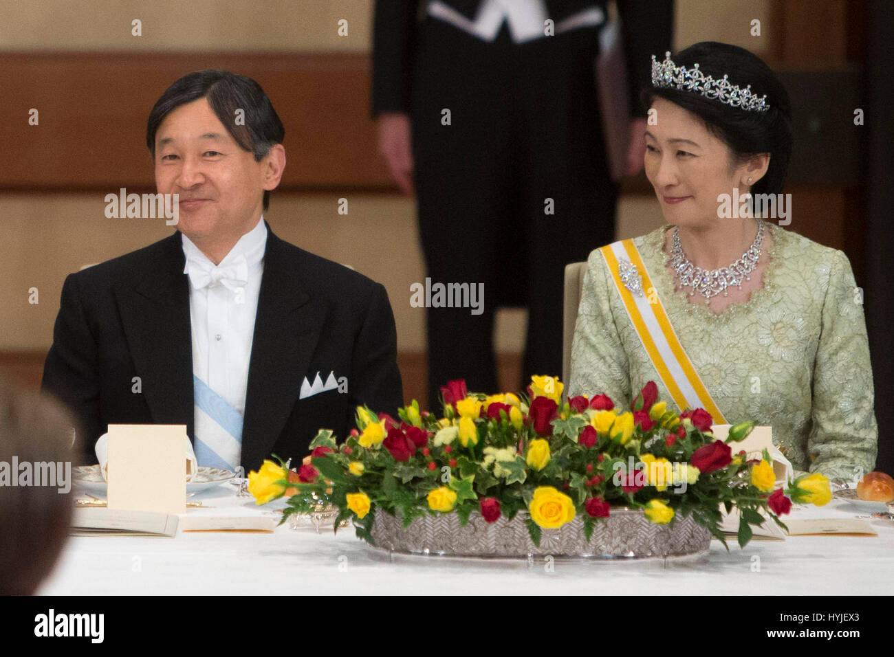 Tokyo, Japan. 4th April, 2017. Japan's Crown Prince Naruhito and Princess Kiko during Gala dinner for Spanish kings on occasion for their official visit to Japan in ImperialPalace in Tokyo on Wednesday 5 April 2017. On the first day of their 3 day tour of Japan Credit: Gtres Información más Comuniación on line,S.L./Alamy Live News Stock Photo