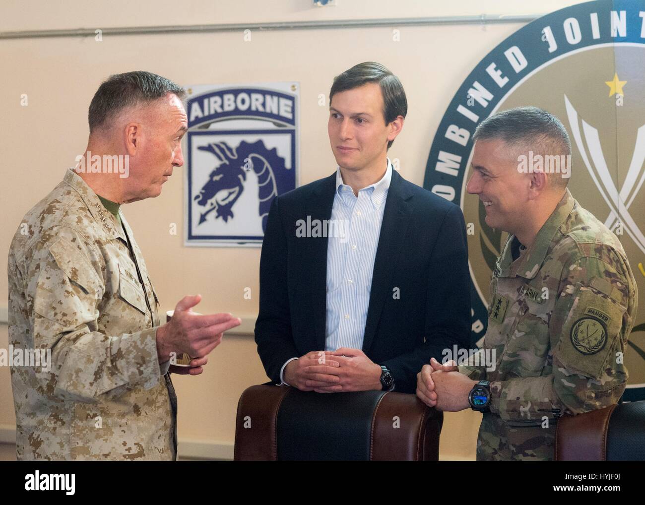 Baghdad, Iraq. 04th Apr, 2017. Jared Kushner, Senior Advisor and son-in-law to President Trump, center, chats with U.S. Joint Chiefs Chairman Gen. Joseph Dunford, left, and Lt. Gen. Stephen Townsend at CJTOFOIR headquarters April 4, 2017 in Baghdad, Iraq. U.S. Joint Chiefs Chairman Gen. Joseph Dunford, and Kushner are on a fact finding mission to Iraq to view the progress to recapture Mosul from the Islamic State. Credit: Planetpix/Alamy Live News Stock Photo
