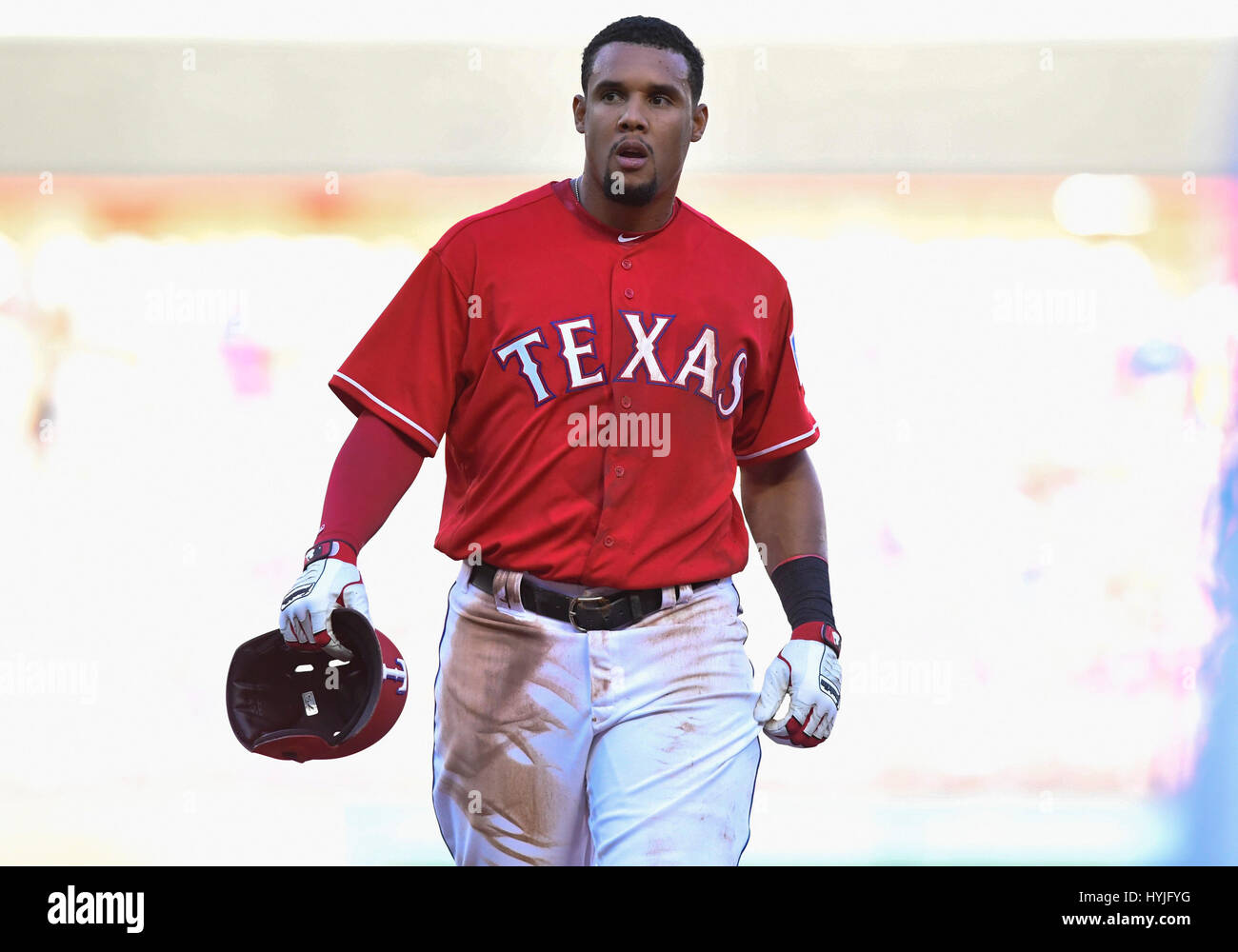 APR 03, 2017: Texas Rangers center fielder Carlos Gomez #14 is thrown out  at second base trying to steal during an MLB Opening Day game between the  Cleveland Indians and the Texas