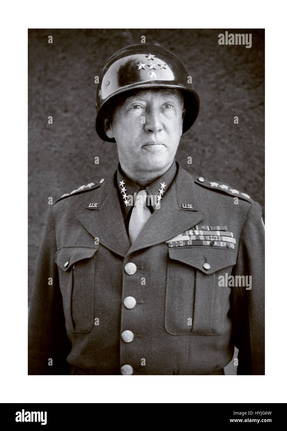 General George Smith Patton Jr. (November 11, 1885 – December 21, 1945) was a senior officer of the United States Army who commanded the U.S. Seventh Army in the Mediterranean and European theaters of World War II, but is best known for his leadership of the U.S. Third Army in France and Germany following the Allied invasion of Normandy in June 1944. Stock Photo