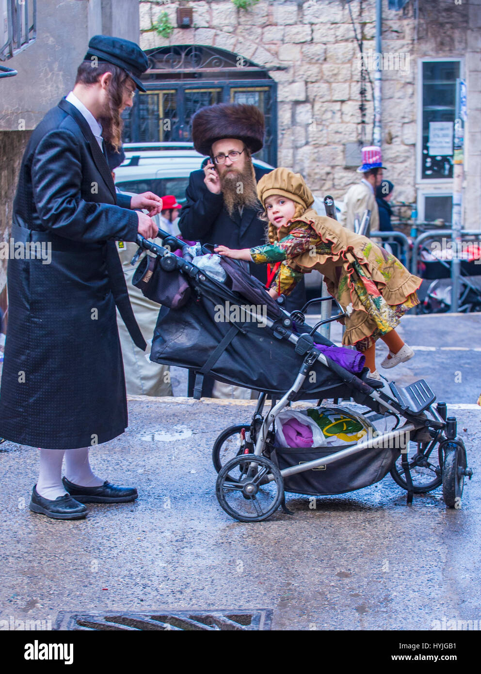 JERUSALEM MARCH 13 Ultra Orthodox family during Purim in Mea
