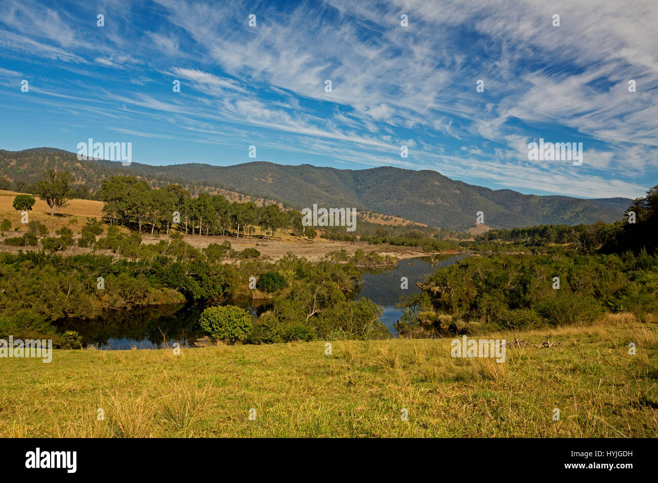 Vast landscape with blue waters of Mann River in valley hemmed by woodlands & peaks of Great Dividing Range under blue sky in northern NSW Australia Stock Photo
