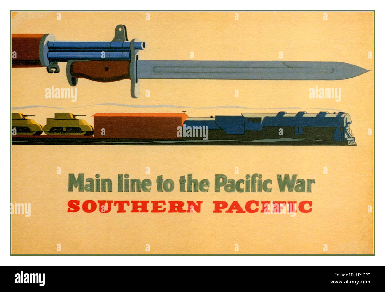 A History of War and Bravery portrayed  in this famous “Main line to the Pacific War by Southern Pacific” travel poster created by George and Lerner Lyman Power in 1943. Stock Photo