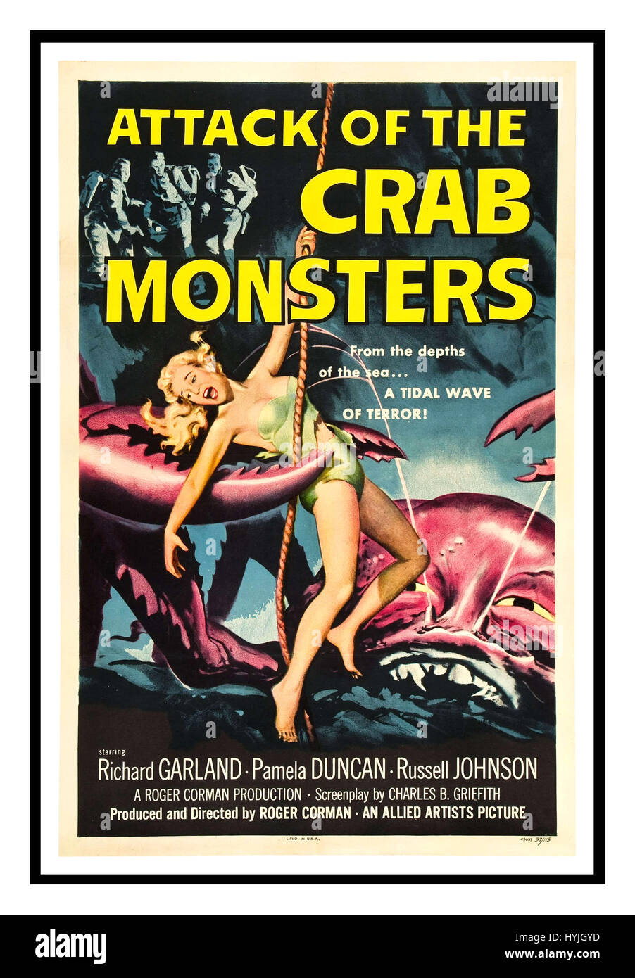 ATTACK OF THE CRAB MONSTERS Vintage film poster advertises the horror sci-fi movie of 1957 Attack of the Crab Monsters produced and directed by Roger Corman,.starring Richard Garland, Pamela Duncan and Russell Johnson Stock Photo