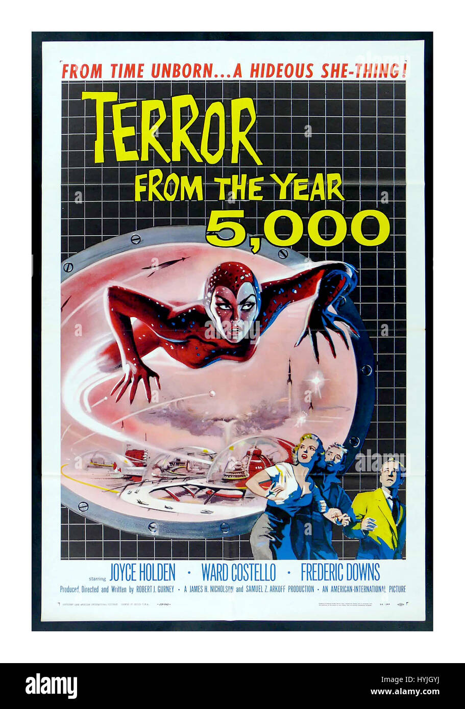 From time unborn…a hideous she-thing! A Monster American Sci-fi “Terror from the year 5000” movie directed by Robert J. Gurney Jr starring Joyce Holden Frederic Downs and Ward Costello. Retro vintage film poster 1958 Stock Photo