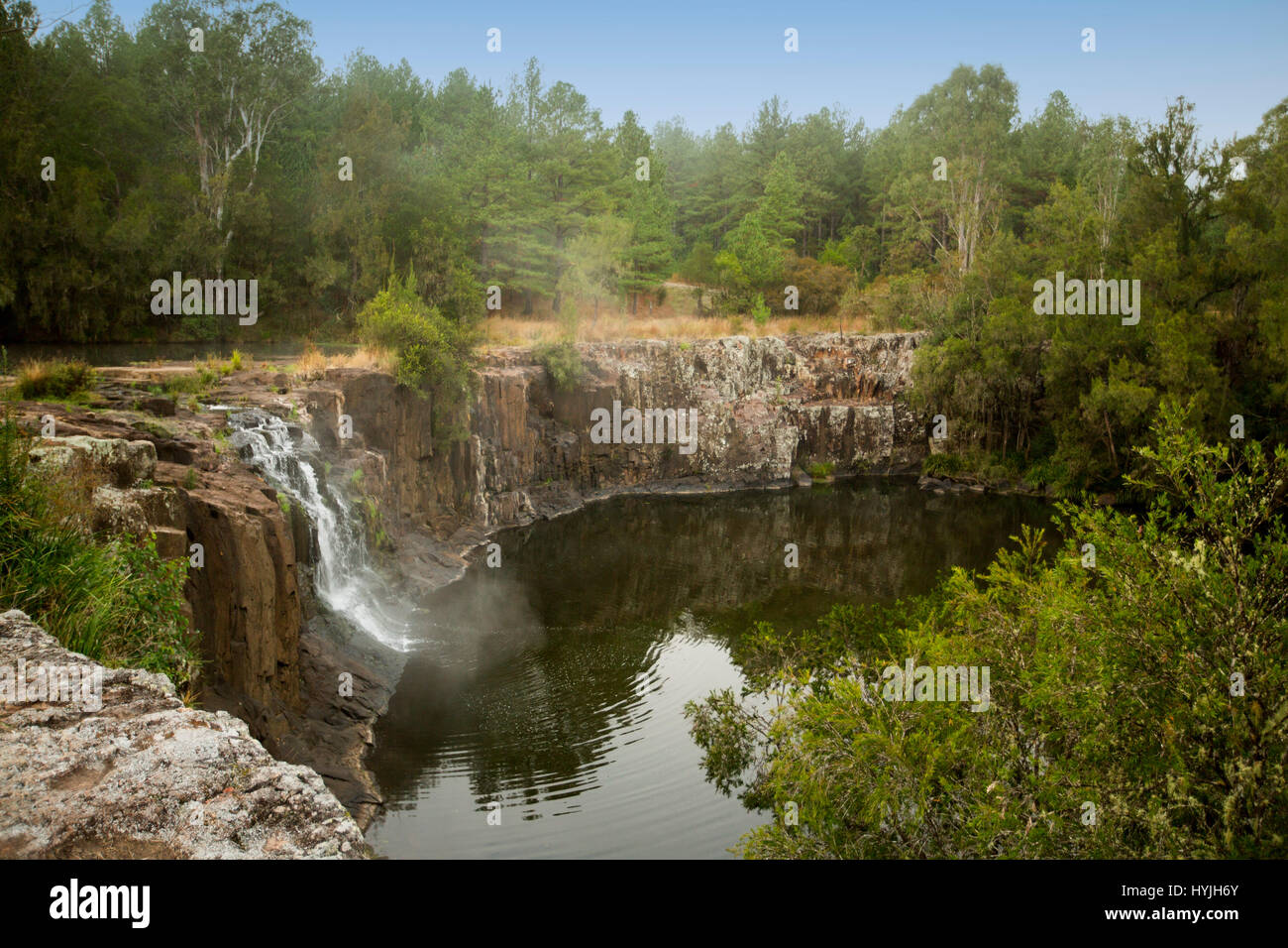 Waterfall cascading over high rocky cliff into calm waters of deep pool at Tooloom falls among forests in northern NSW Australia Stock Photo