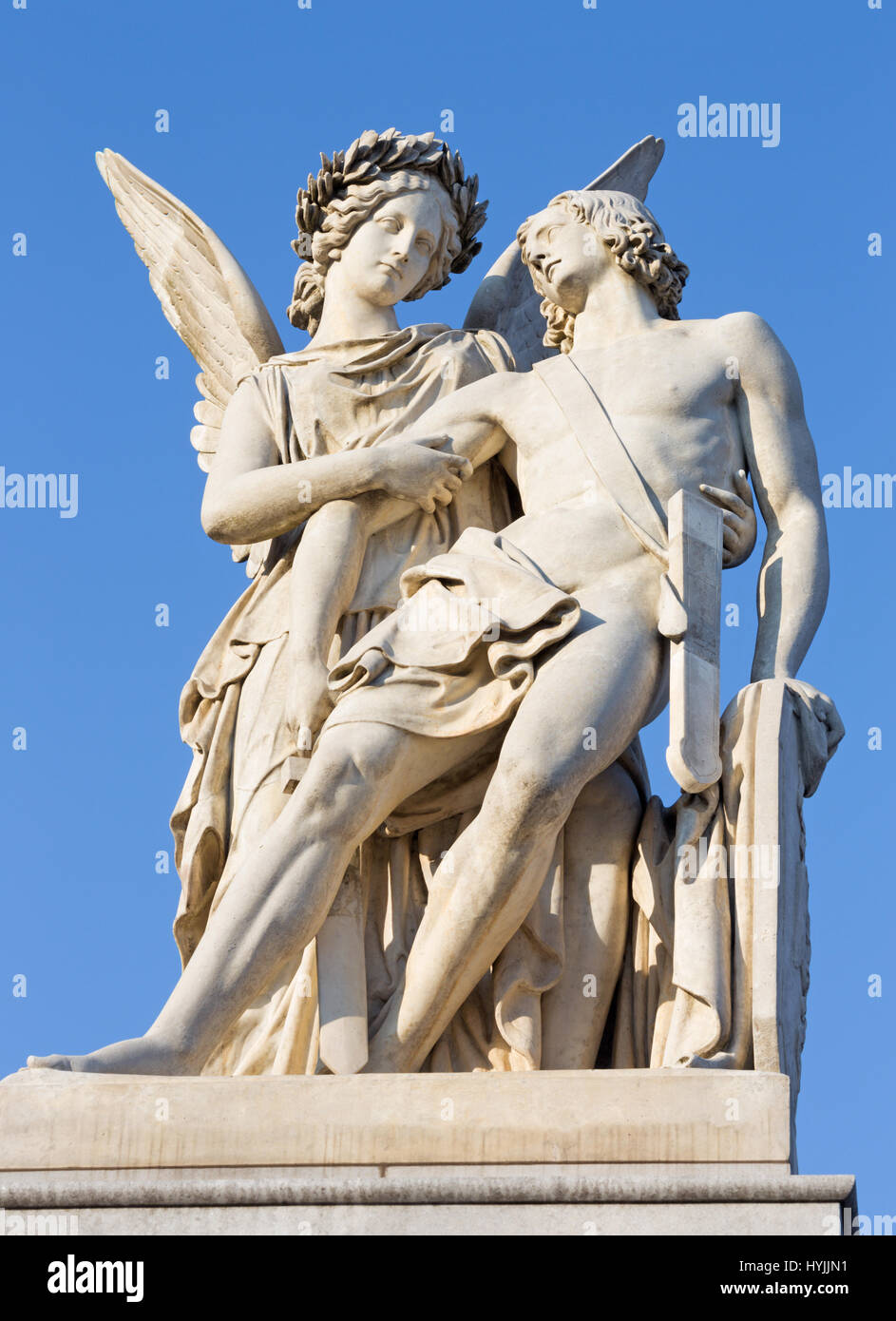 BERLIN, GERMANY, FEBRUARY - 13, 2017: The statue Nike assists the wounded warrior on the Palace Bridge (Schlossbruecke) by  Ludwig Wilhelm Wichmann Stock Photo
