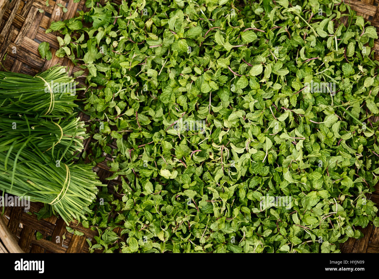 Basket of Thai basil or Vietnamese basil and chives Stock Photo Alamy