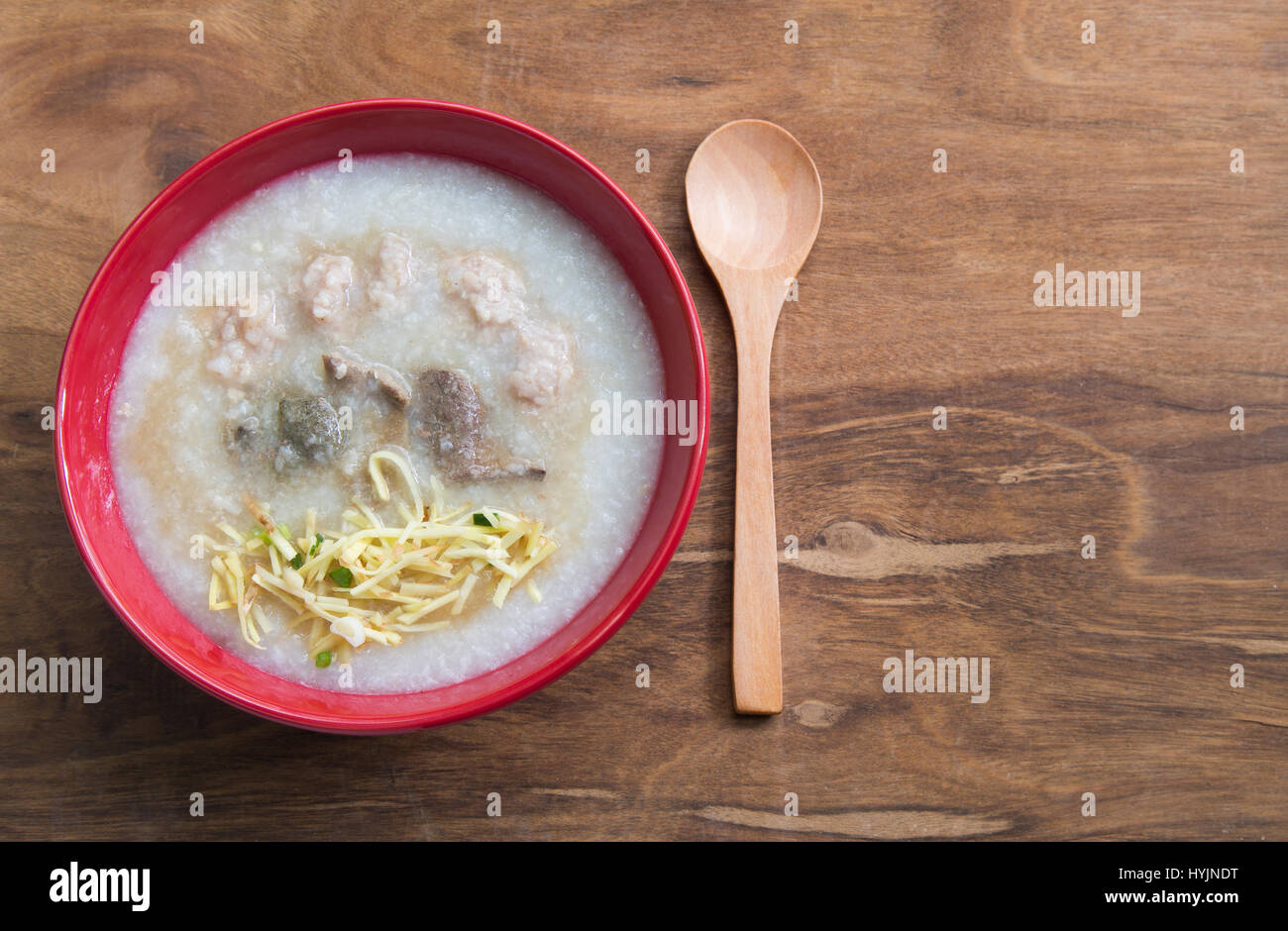 Cofee Rice Soap Congee, Rice porridge, Rice gruel, Rice soup on wooden background, Top ...