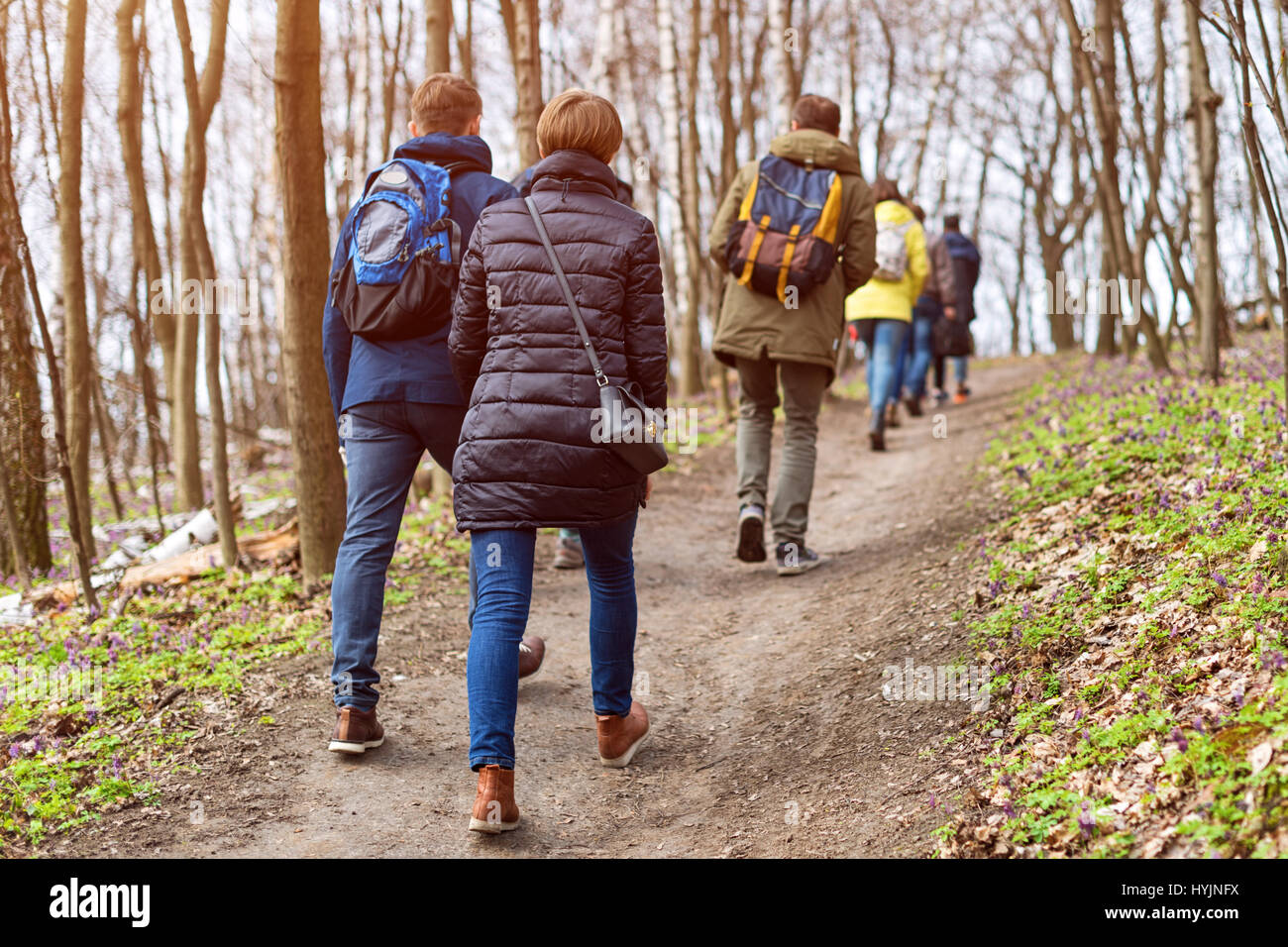 Group of friends walking with backpacks in spring forest from back ...