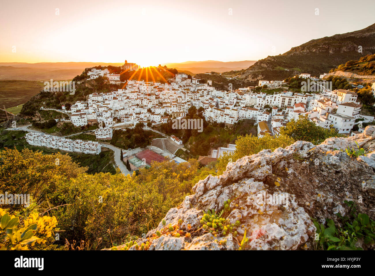Panoramic at sunset. White village of Casares, Malaga province Costa del Sol. Andalusia Southern Spain, Europe Stock Photo