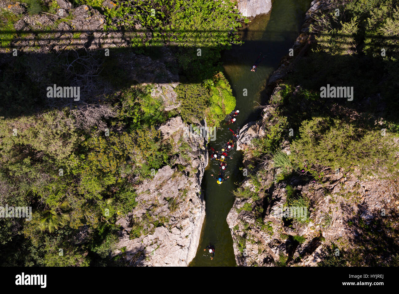 Nature. Water Adventure sport, Angosturas Guadalmina river. White village of Benahavis. Malaga province Costa del Sol. Andalusia Southern Spain, Europ Stock Photo