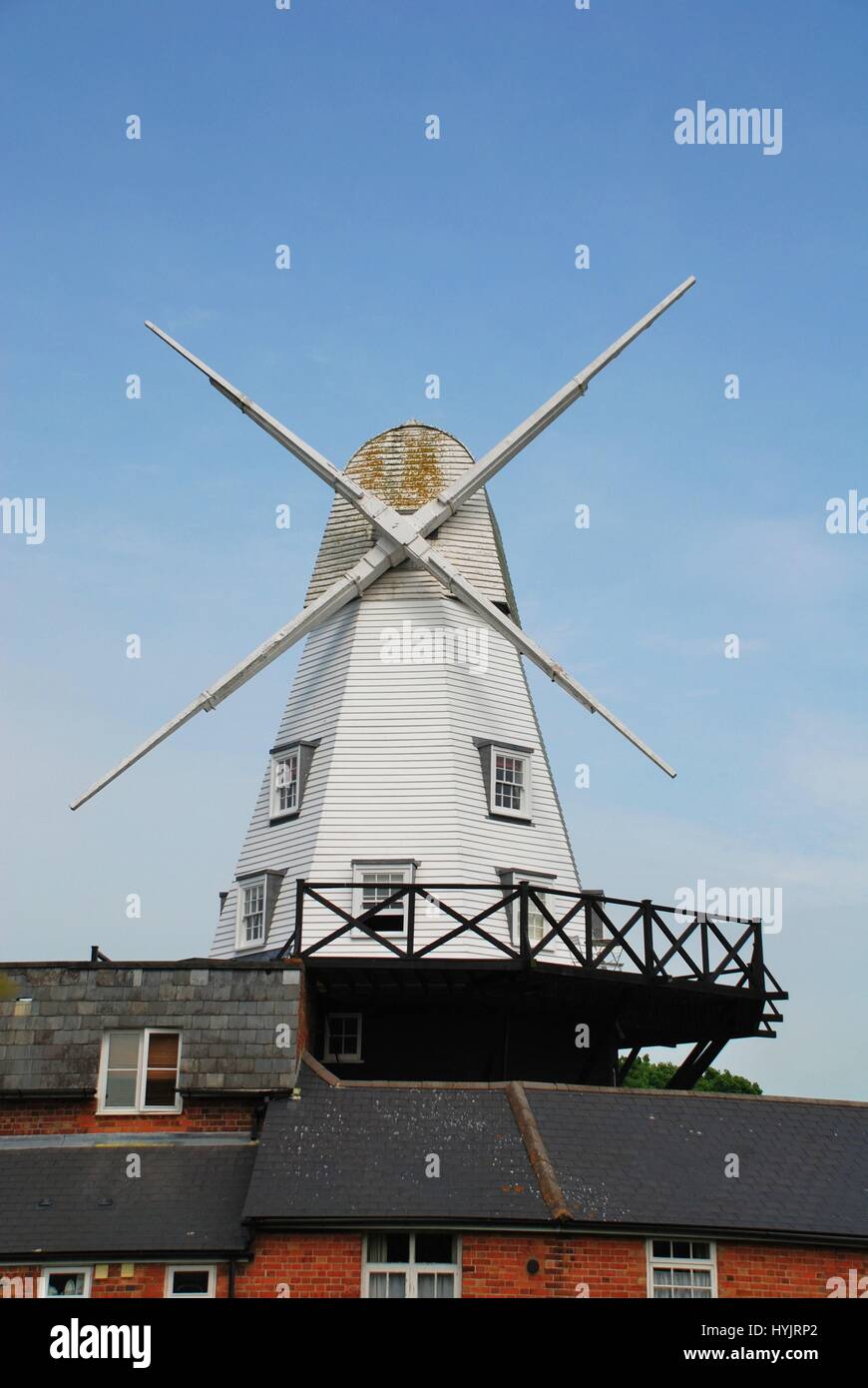The historic smock windmill at Rye in East Sussex, England. The present building was reconstructed in 1932 after a fire. Stock Photo