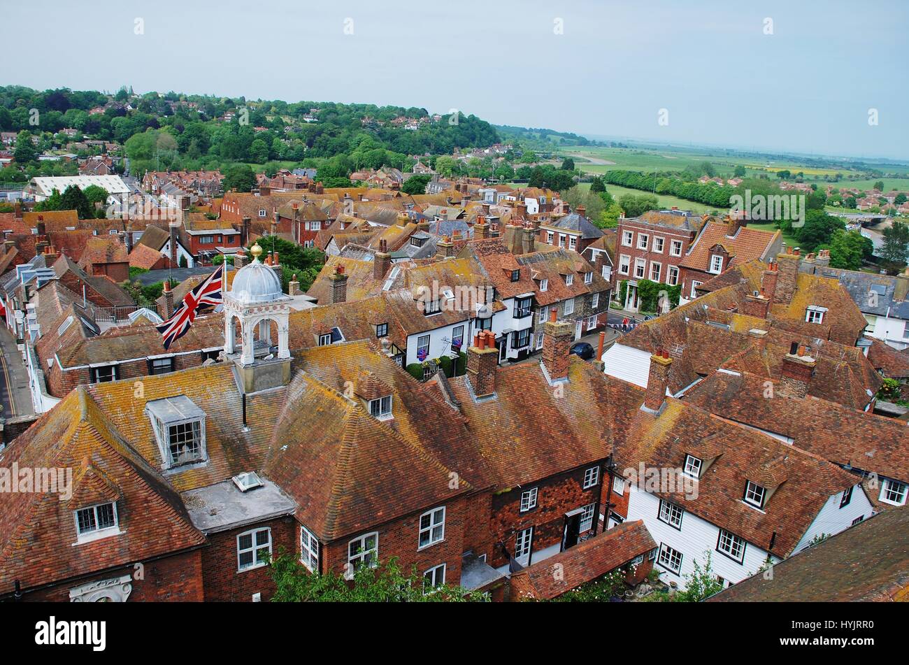 Looking over the roof tops of the historic Cinque Ports town of Rye in East Sussex, England. Stock Photo