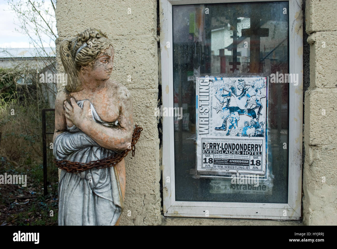 Statue outside 'Souvenir Supermarket' in border town of Lifford, County Donegal. Stock Photo