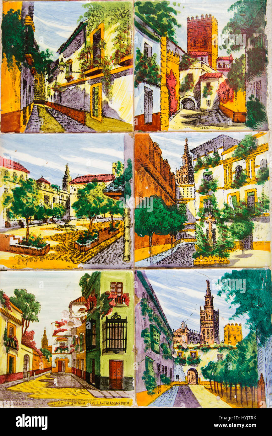 Tile with scenes from Seville, historic center, Marbella. Malaga province Costa del Sol. Andalusia Southern Spain, Europe Stock Photo