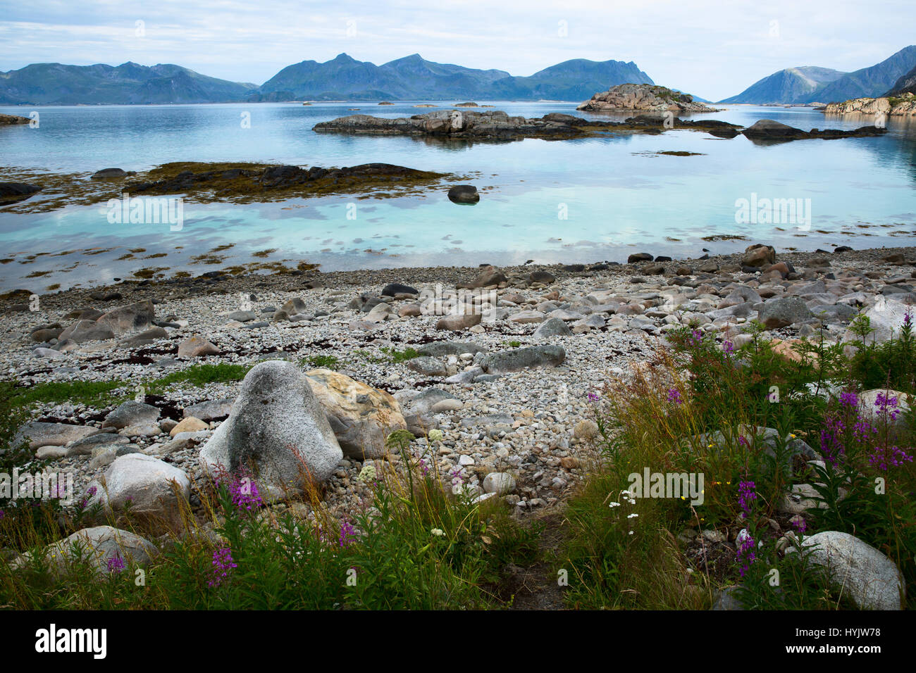 Europe,Norway,Lofoten,Henningsvaer,seascapes of rocks and mountains Stock Photo
