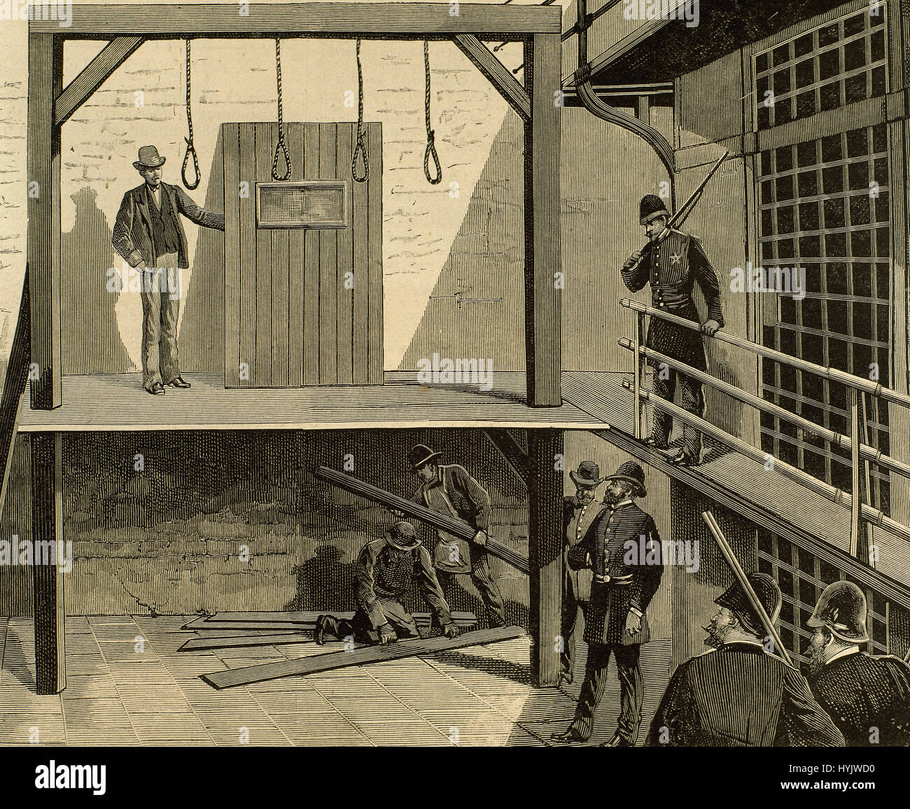 United States. 19th century. Preparing the execution by hanging of the four Chicago anarchists August Spies, Albert Parsons, Adolph Fischer and George Engel on Novembre 11, 1887 after the Haymarket affair although their innocence was verified after the execution. Engraving. Stock Photo