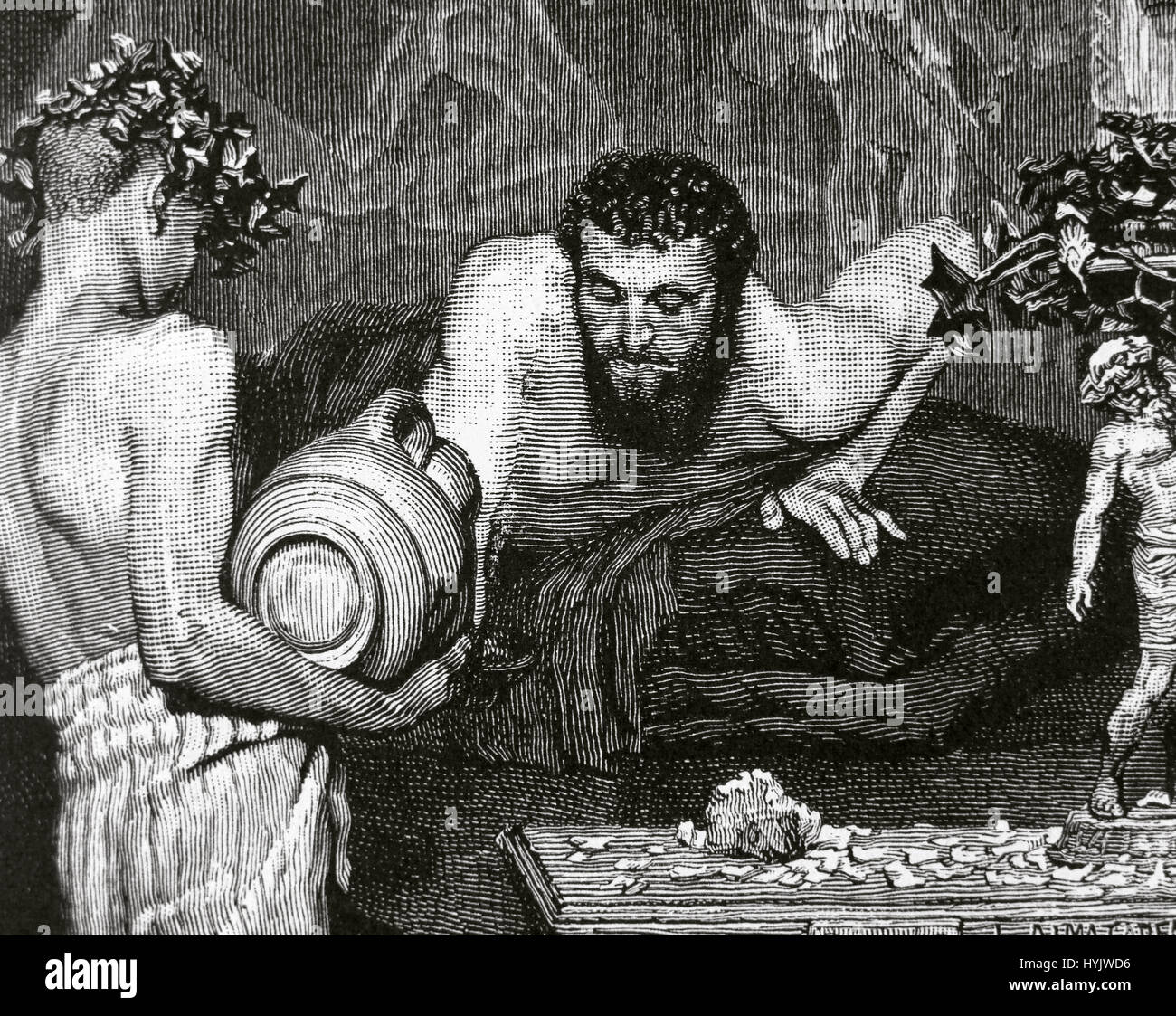 Ancient Rome. Young slave serving a patrician who is lying on a triclinium during a banquet. Engraving  in 'La Ilustracion Espanola y Americana' (1887). Stock Photo