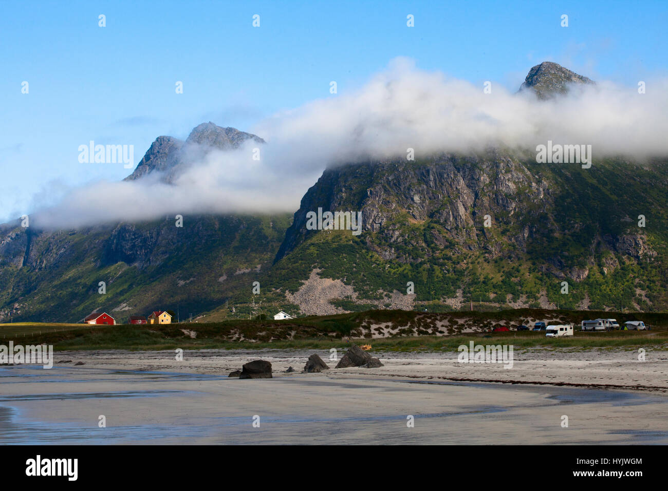 Europe,Norway,Lofoten,Skagsanden beach,one of the top most scenic beaches in Lofoten Islands,with low tide Stock Photo