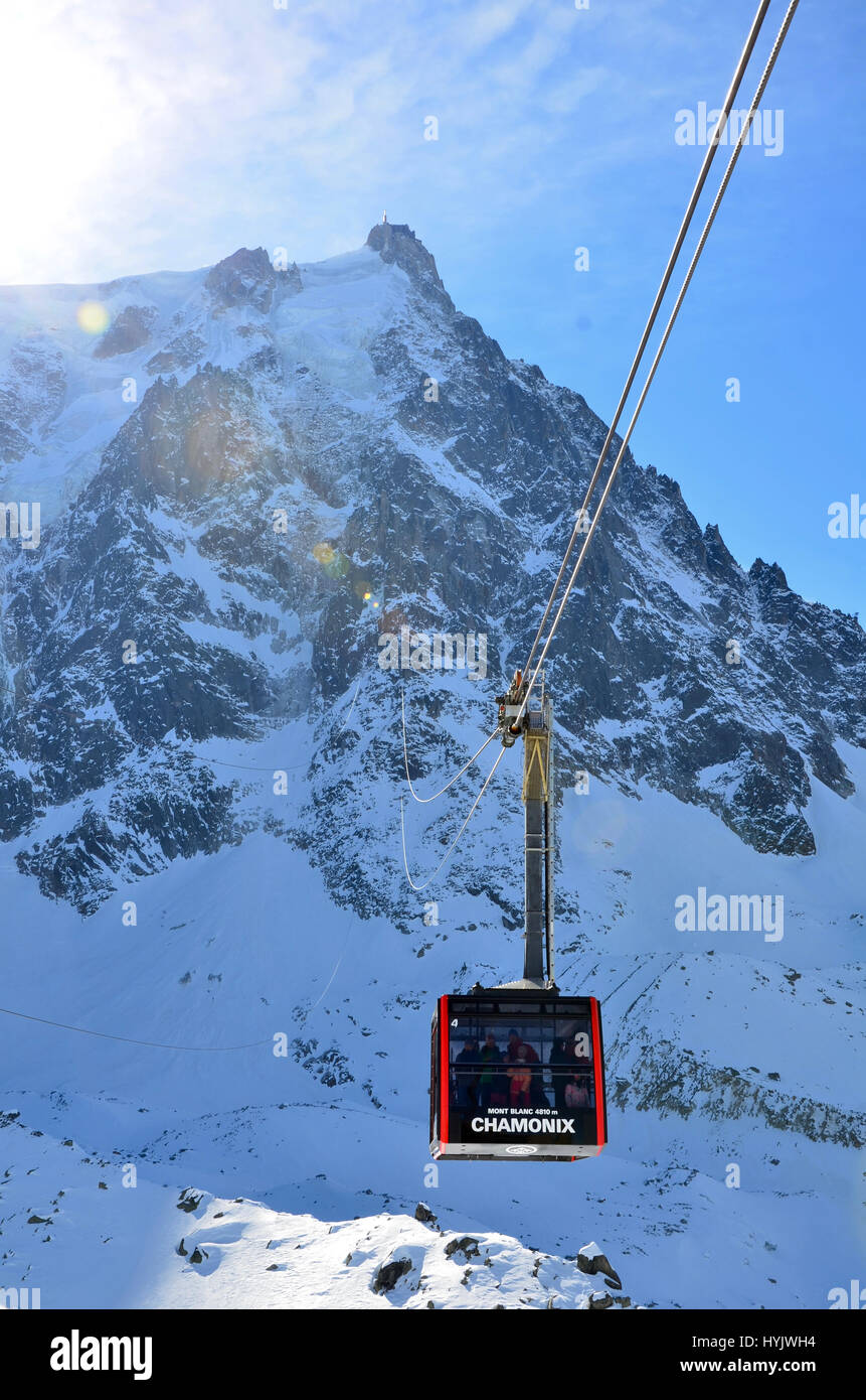 Gondola ski lift to peak of Mt. Blanc in Chamonix, France Stock ...