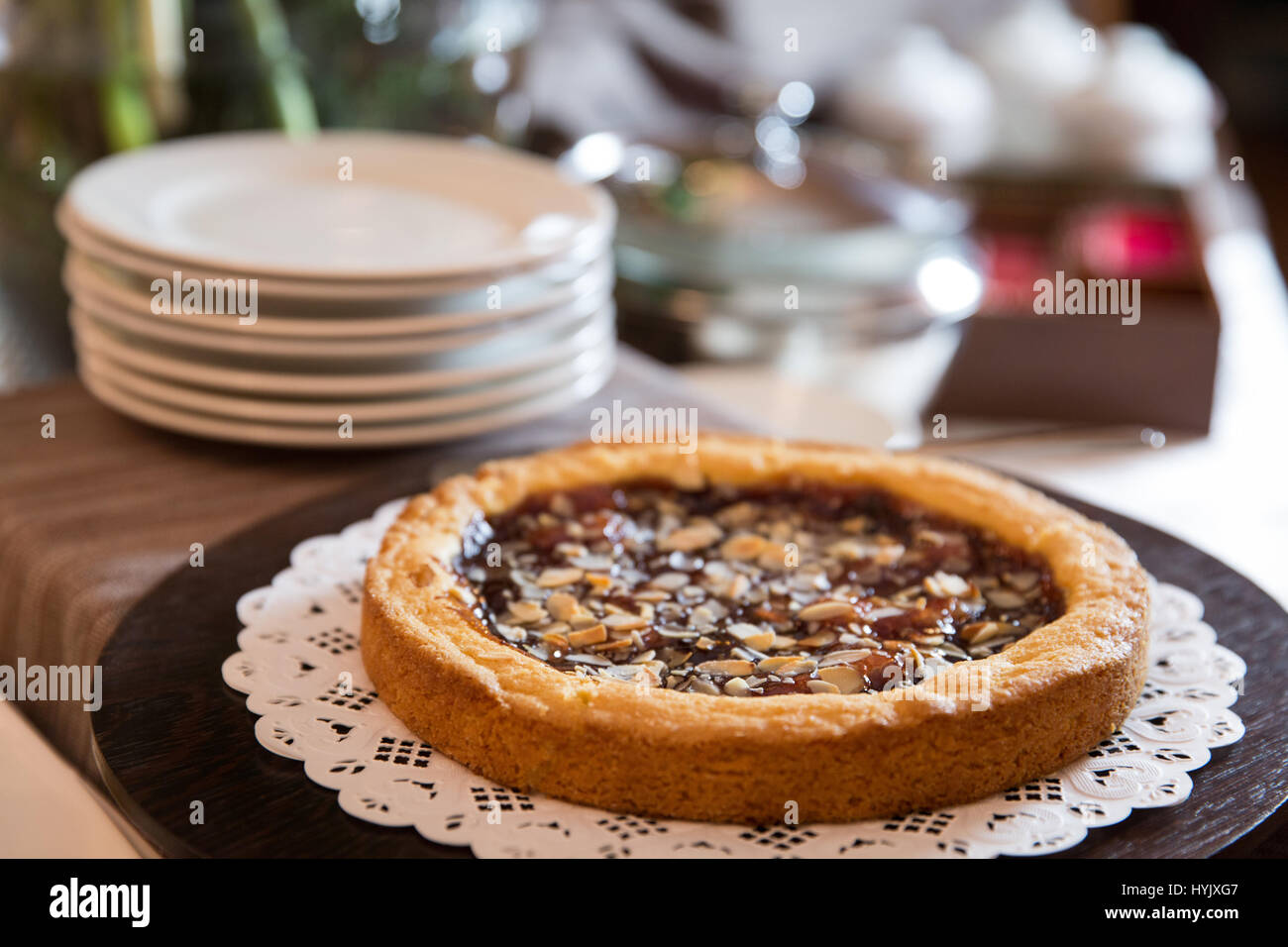 Pie of plum jam with almonds Stock Photo
