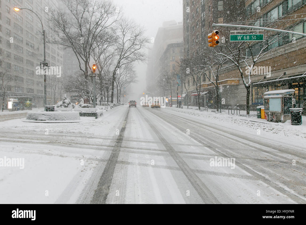 View of Broadway at 68th street during a heavy snowfall. Stock Photo