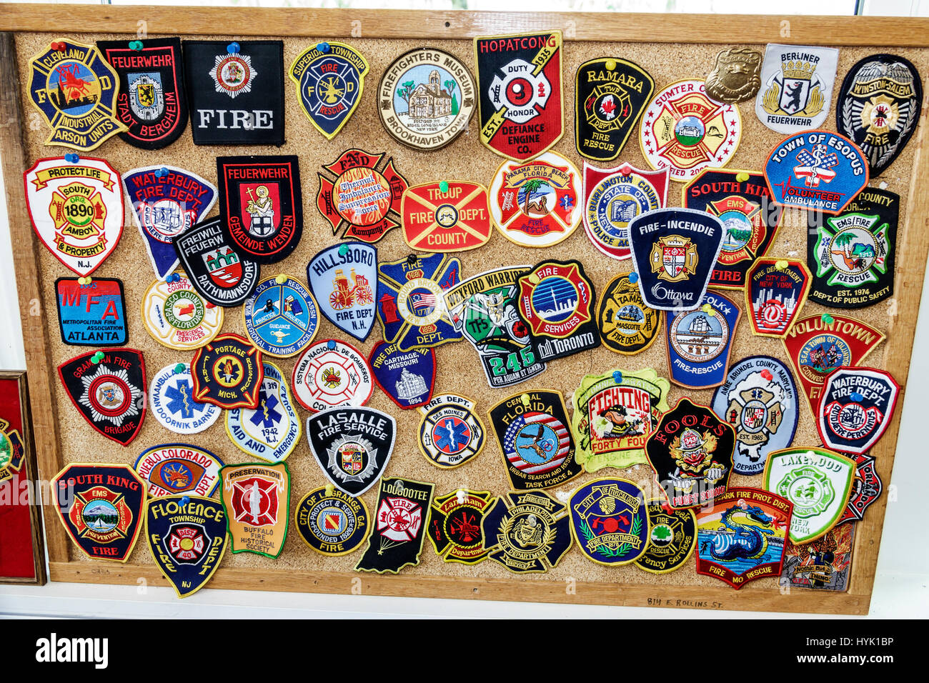 Orlando Florida,Loch Haven Park,cultural park,Orlando Fire Museum,firehouse,interior inside,fire department patches,display sale FL170222130 Stock Photo