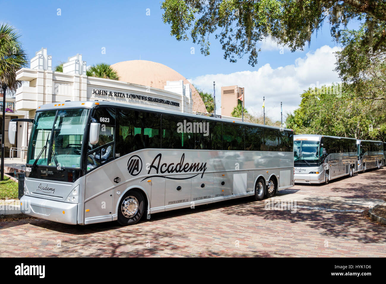 Orlando Florida,Loch Haven Park,cultural park,Orlando Shakespeare Theater,theatre,exterior,charter buses,motor coaches,visitors travel traveling tour Stock Photo
