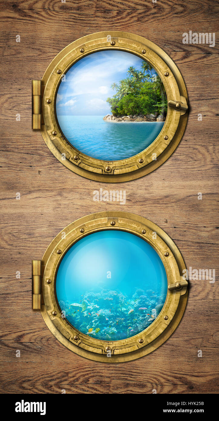 Two ship windows with ocean tropical island and underwater deep Stock Photo