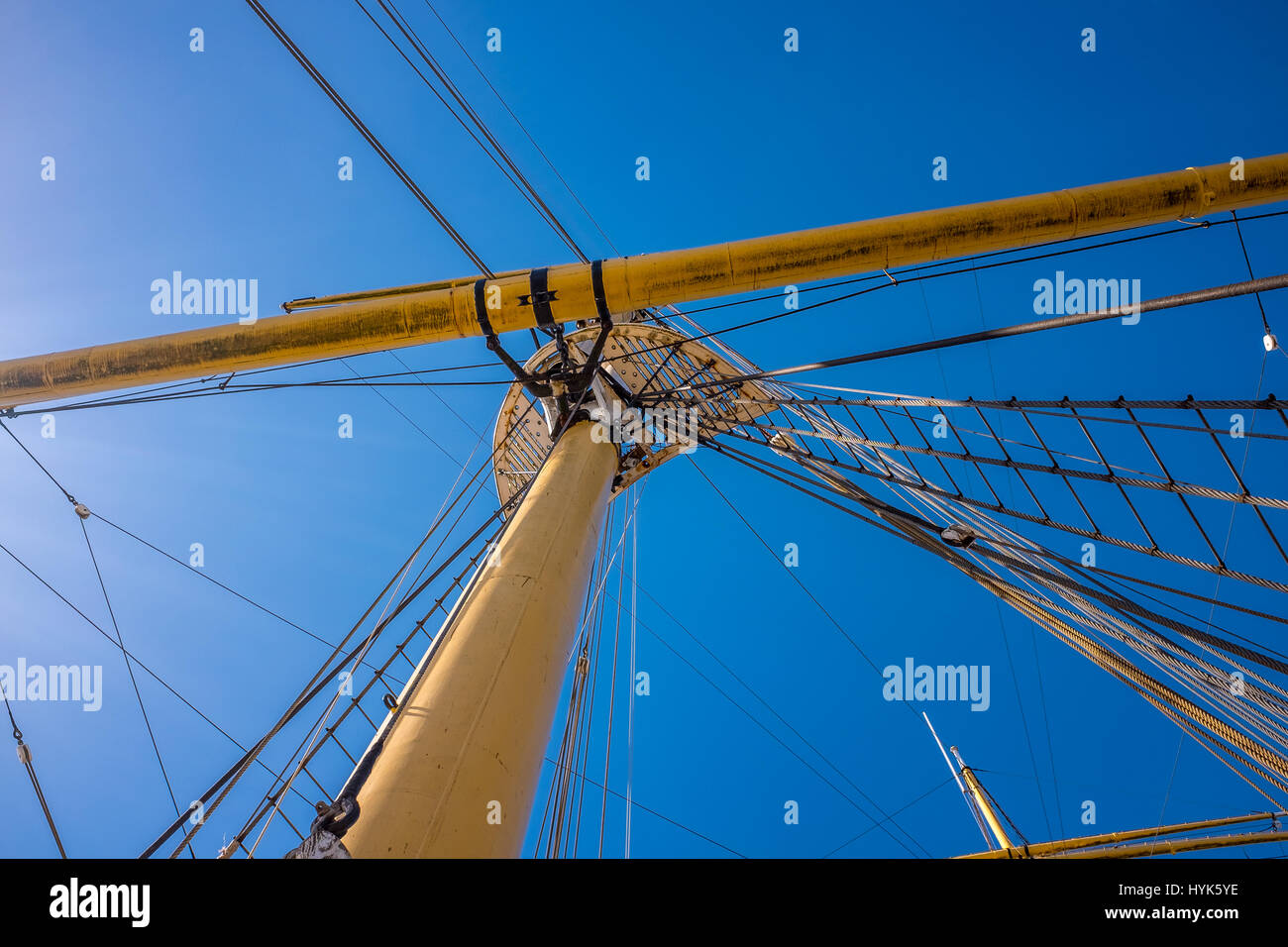 ropes rigging masts and stays on traditional sailing ship Stock Photo