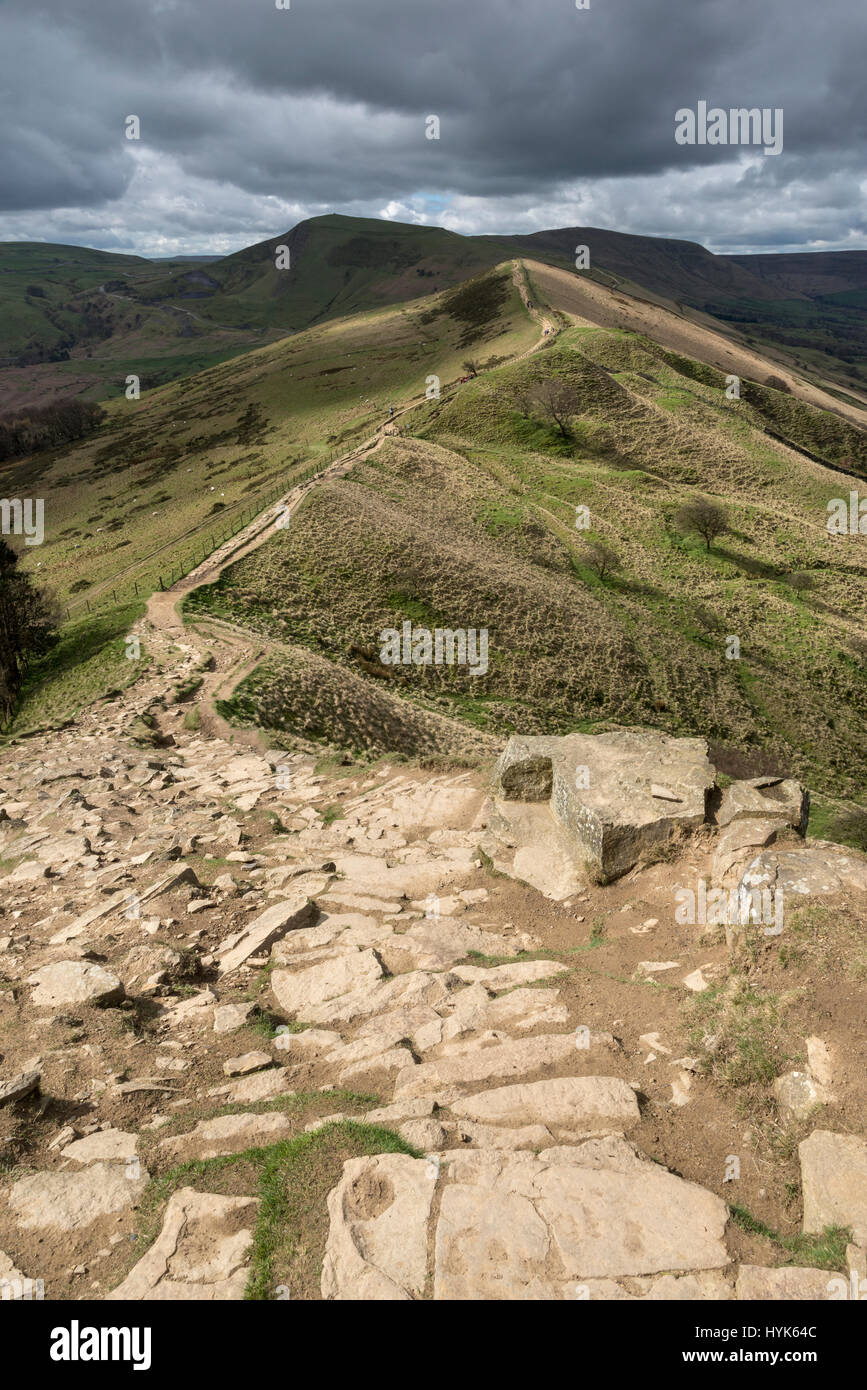 Back Tor Path Steep and rocky path on Back Tor. View along the ridge to Mam Tor in ...
