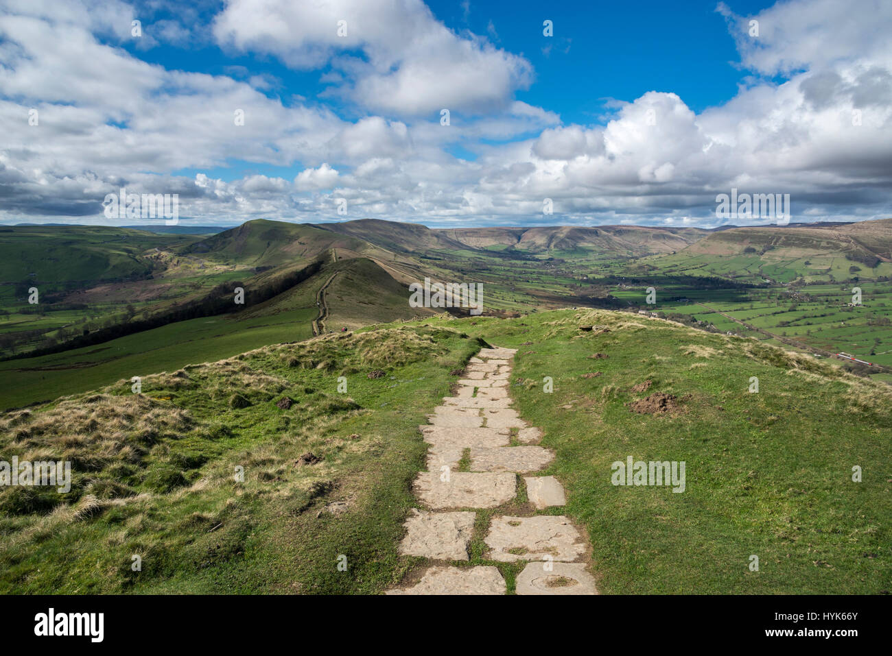 Paved path on Lose Hill, view along the great ridge to Mam Tor in the Peak District national park, England. Stock Photo