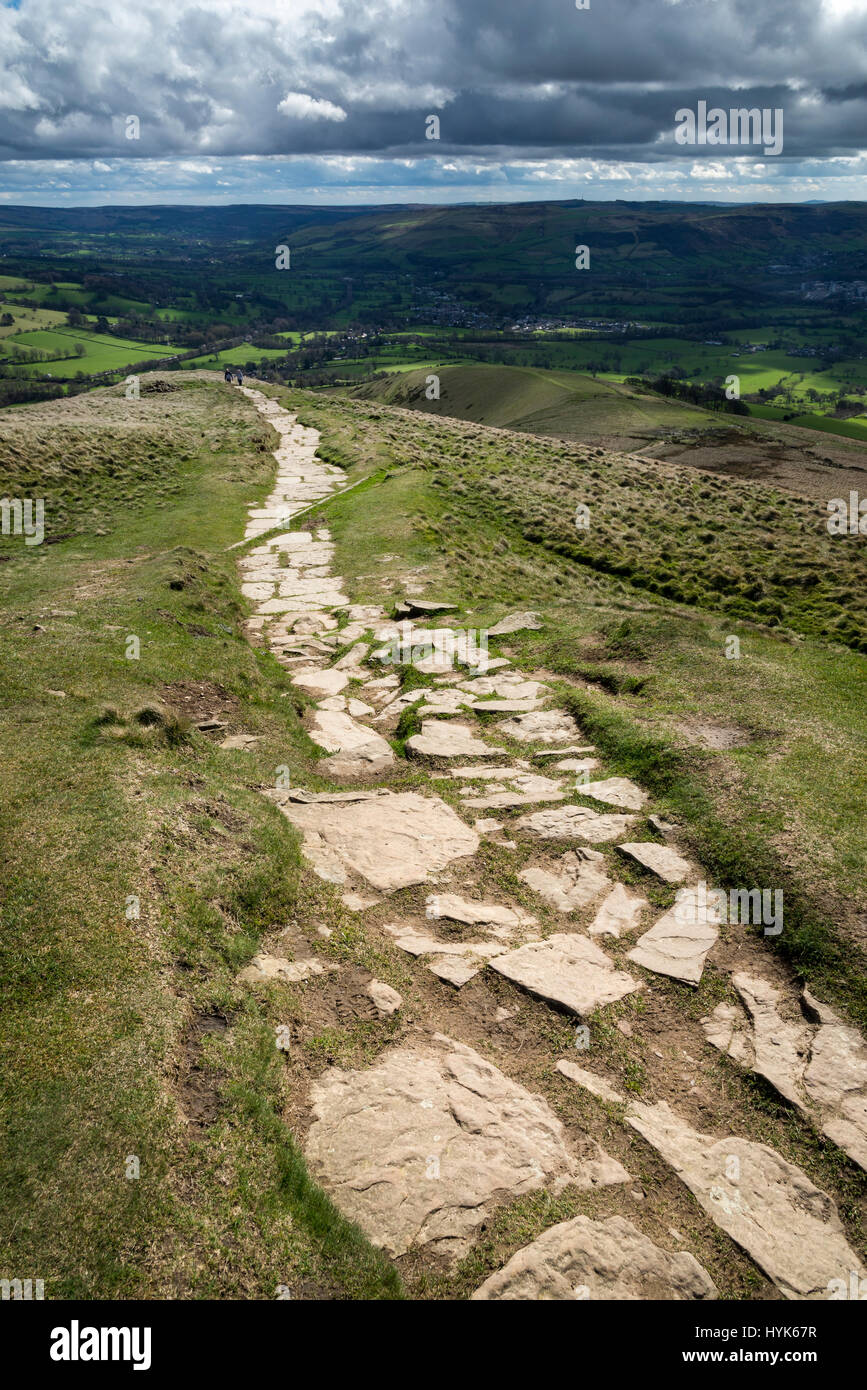 Stony path on the summit of Lose Hill overlooking the Hope Valley in the Peak District national park, England. Stock Photo