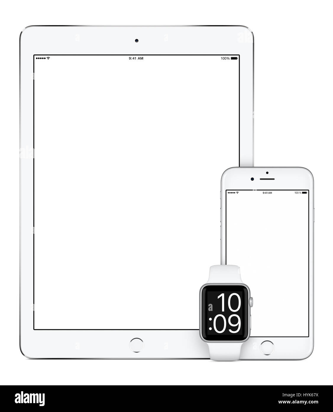 Responsive mockup consisting of vertical white tablet pc, mobile smartphone and smart watch. All gadgets in focus. Isolated on white background. Techn Stock Photo