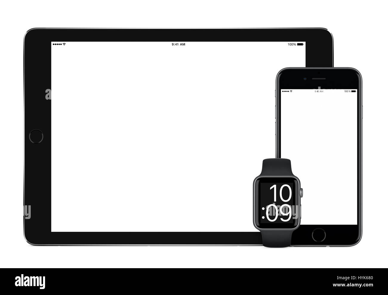 Responsive mockup consisting of black tablet pc, mobile smartphone and smart watch. All gadgets in focus. Isolated on white background. Technology set Stock Photo