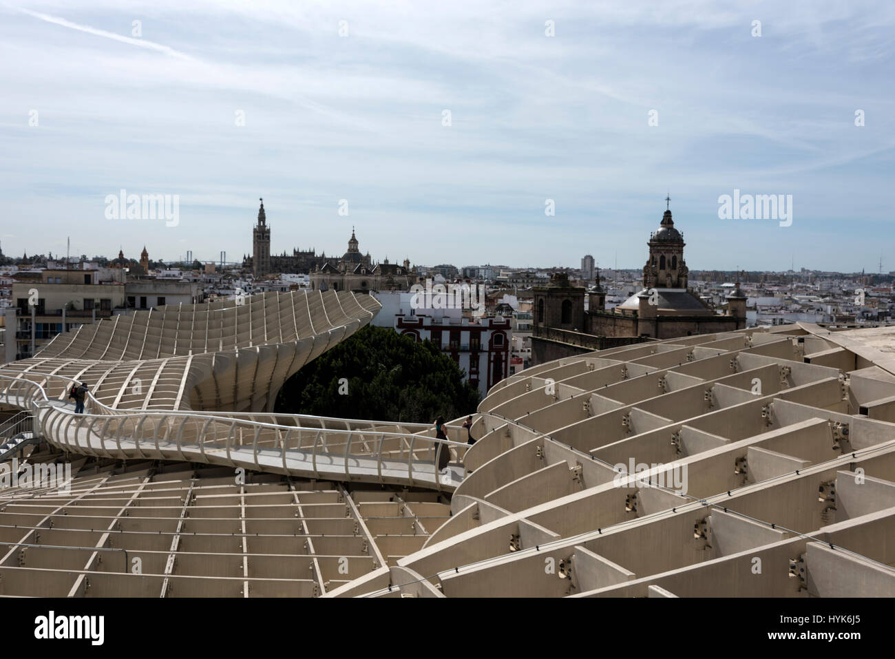 Skyline of Seville from the top ofv the Metropol Parasol, located at La Encarnacion Plaza (square) in the Old Town of Seville in Andulisa Province, So Stock Photo