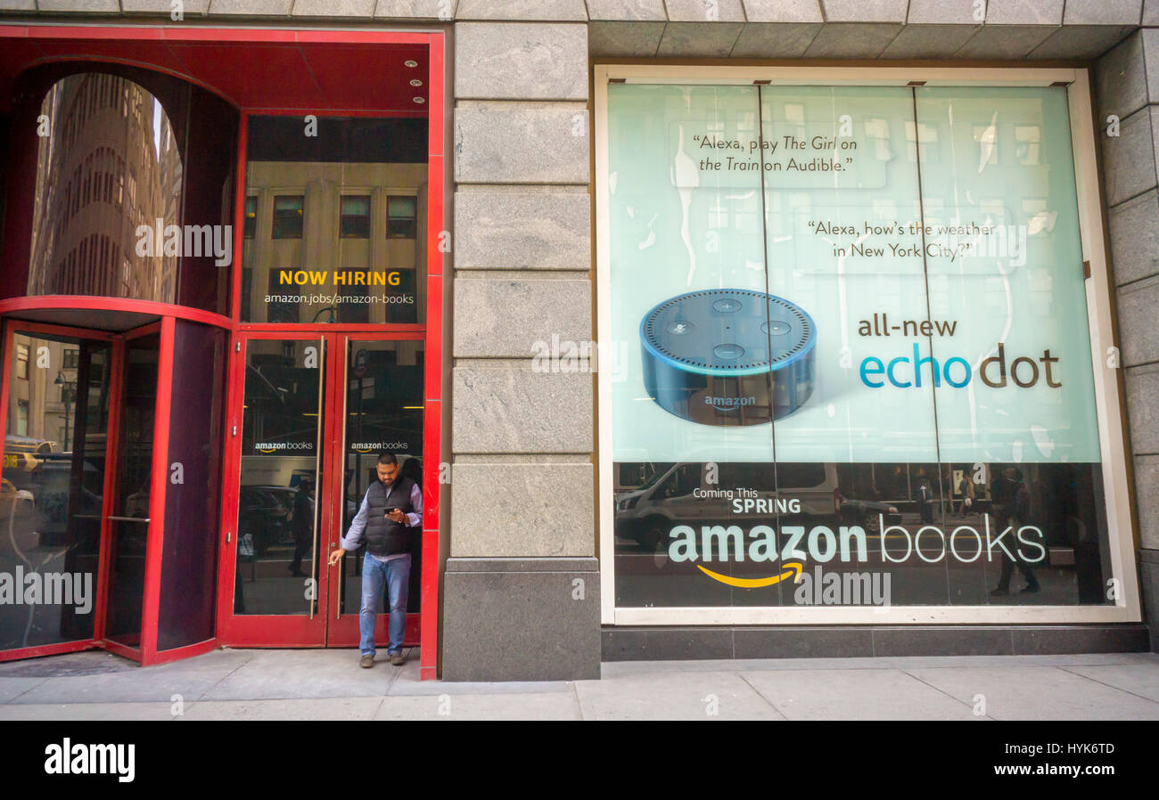 Signs on Amazon's 7 West 34th Street building in New York announce that