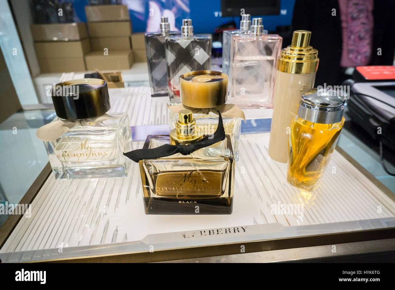 Testers of Burberry perfume are seen in Macy's Herald Square department  store in New York on Monday, April 3, 2017. Burberry has decided to license  its fragrance and cosmetics business, My Burberry
