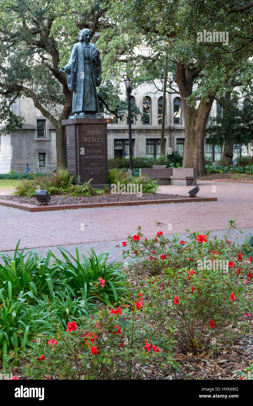 Savannah, Georgia.  Statue of John Wesley, Founder of Methodism, Reynolds Square. Stock Photo