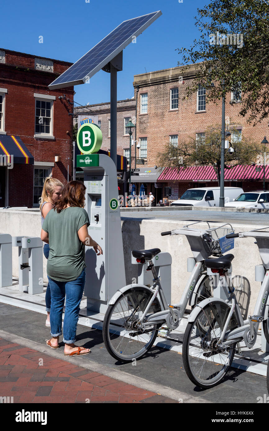 Savannah, Georgia.  Solar-powered Bike Rental Station, Ellis Square. Stock Photo