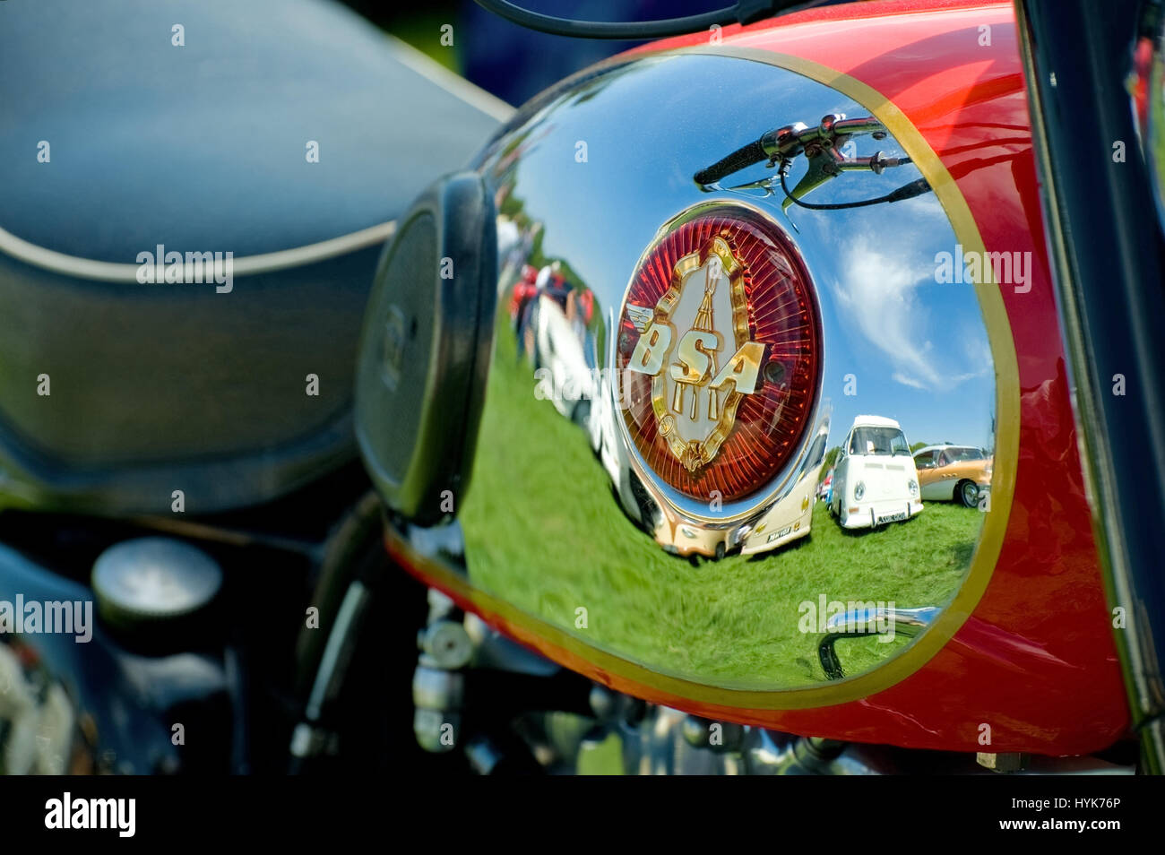 FARNBOROUGH, UNITED KINGDOM APRIL 22 Classic British BSA motorcycle gas tank reflecting other