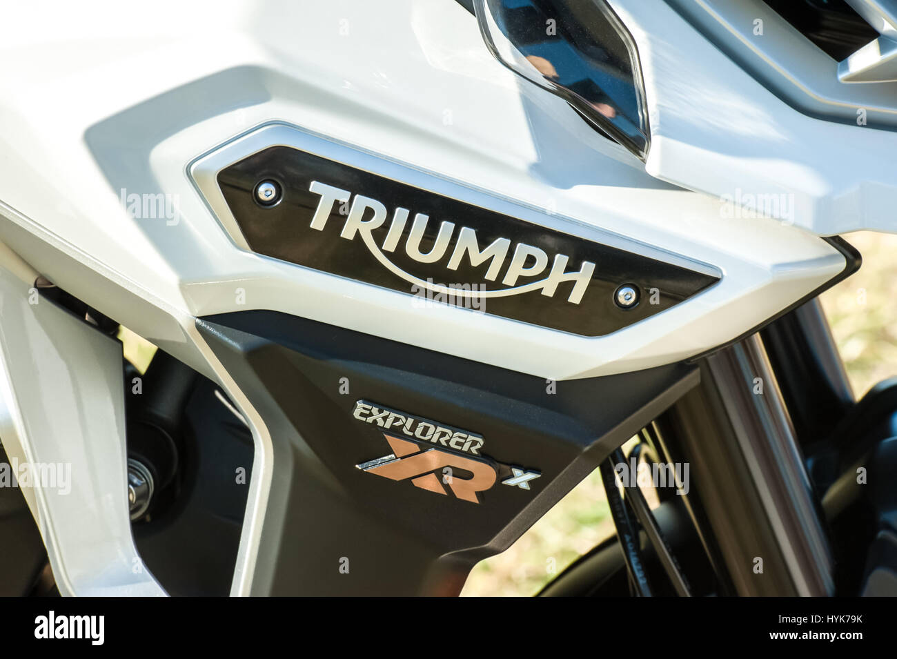 Laverstoke, Hampshire, UK - August 25, 2016: Fuel tank closeup of a new Triumph Explorer XRX  motorcycle in Laverstoke, UK Stock Photo