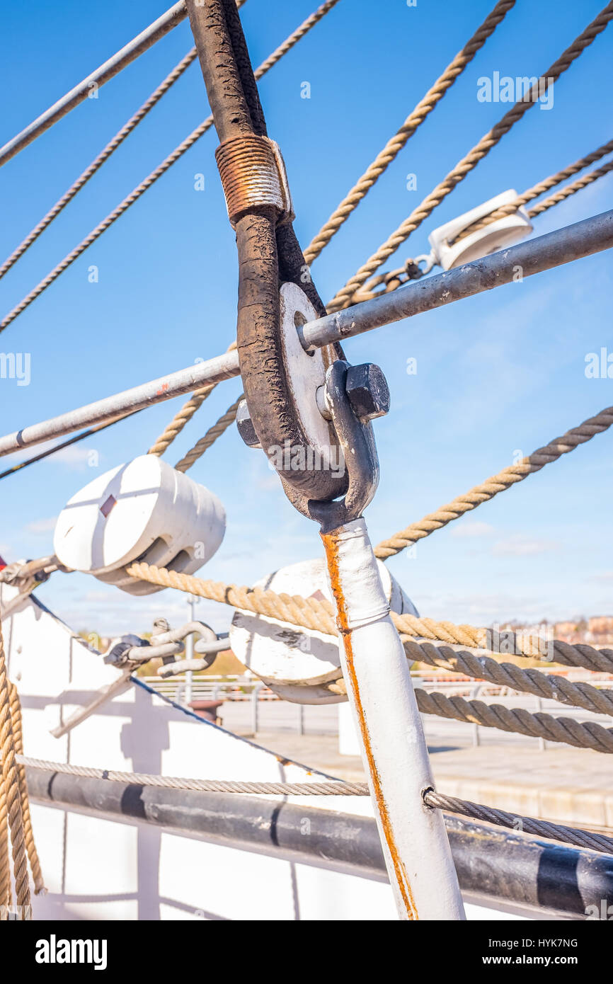 ropes rigging masts and stays on traditional sailing ship Stock Photo Alamy