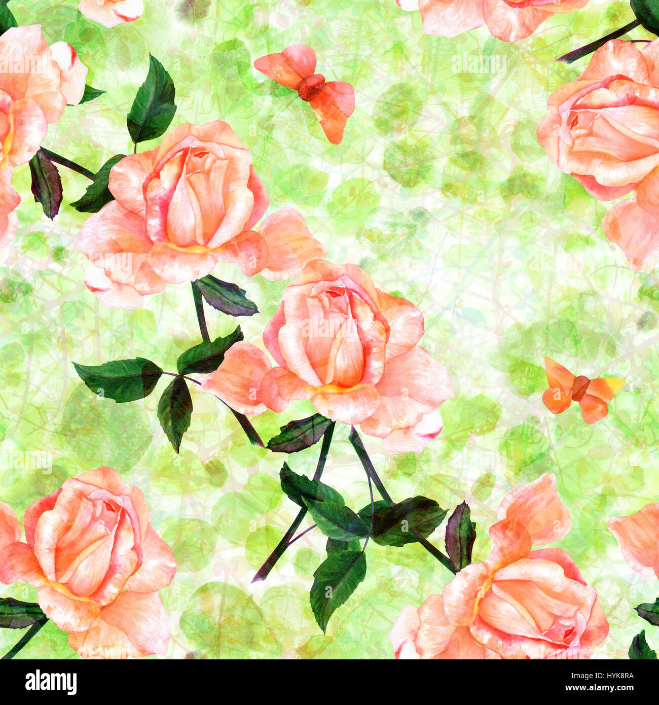 Seamless pattern with a watercolor drawing of a blooming pink rose and ...