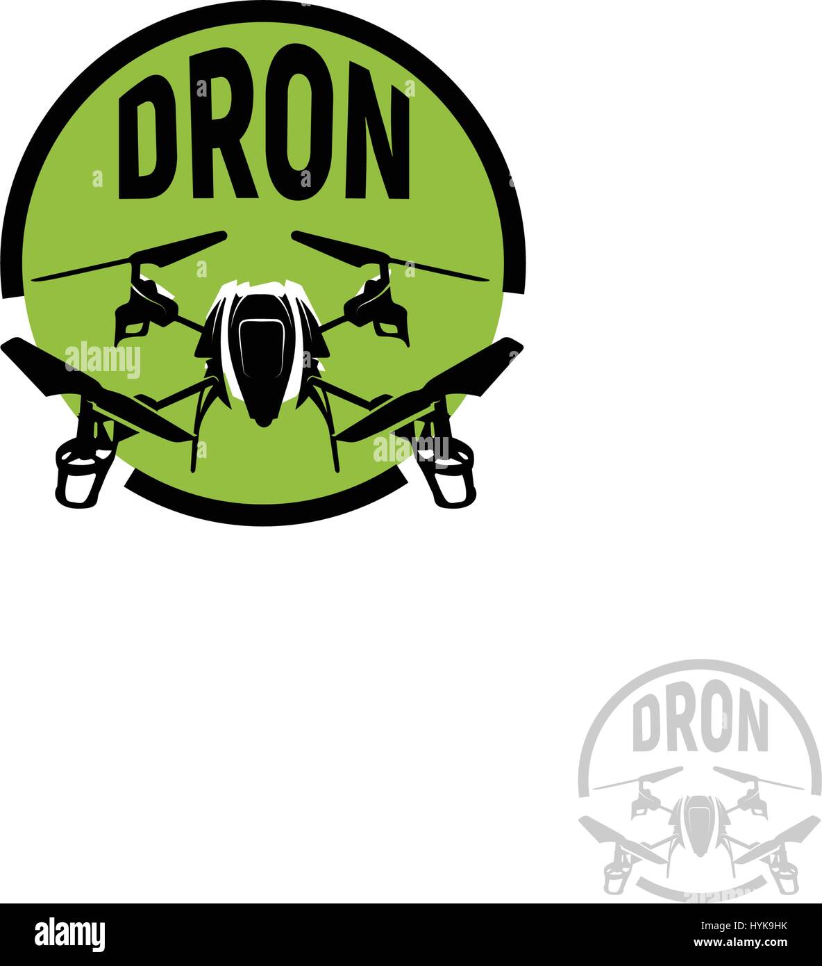 Isolated round shape black color quadrocopter in green circle logo on white background, unmanned aerial vehicle logotype, rc drone vector illustration Stock Vector