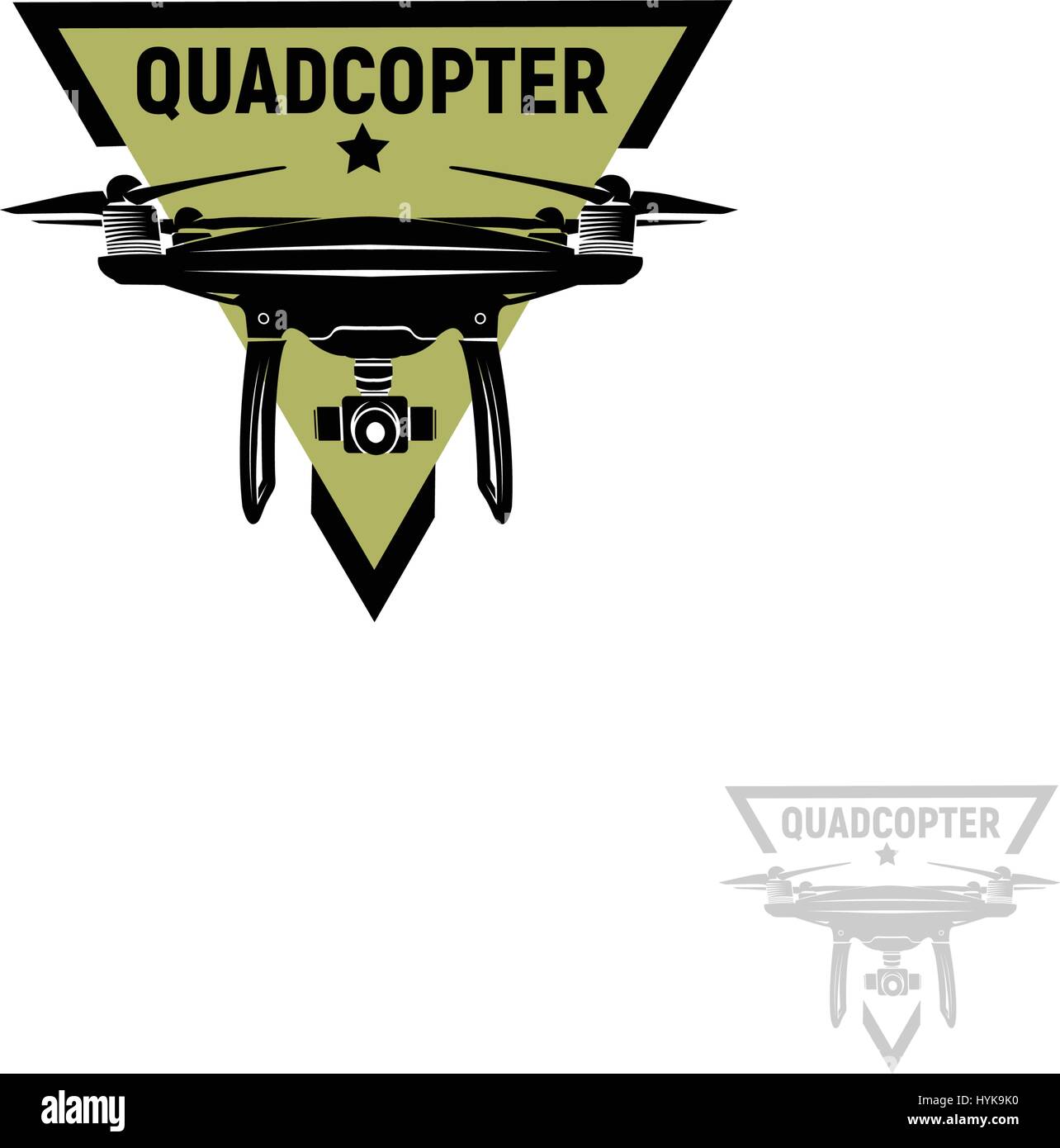 Isolated triangular shape green color quadrocopter logo on white background, unmanned aerial vehicle logotype, rc drone vector illustration Stock Vector