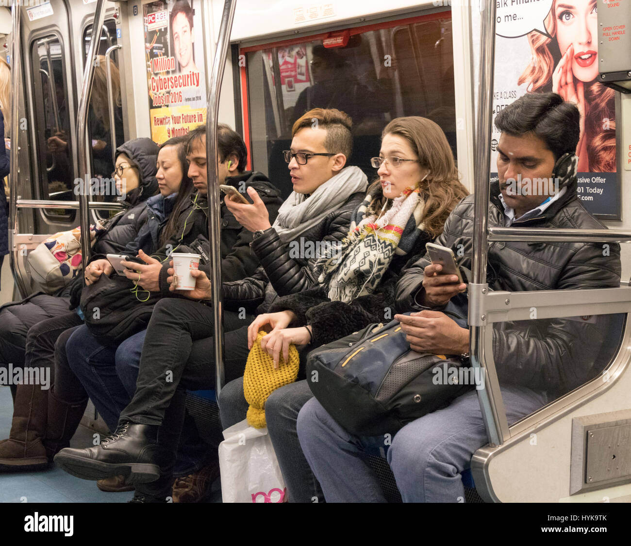 commuters on PATH train to Manhattan from New Jersey Stock Photo