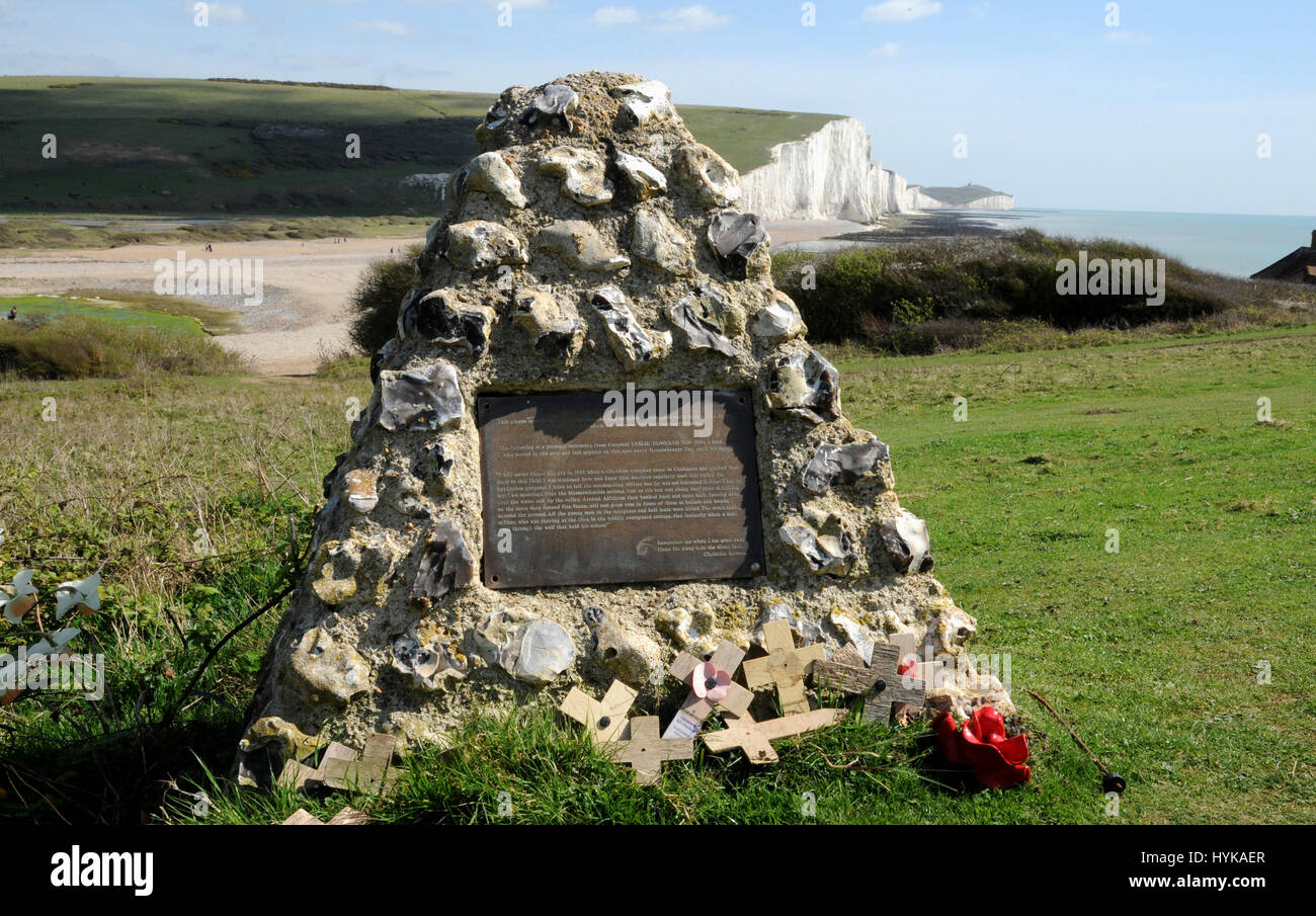A simple flint memorial to commemorate the deaths of Canadian troops, machine-gunned at Cuckmere Haven in 1940. Fact, hoax or mis-information? Stock Photo